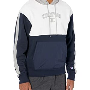 Champion Sweatshirt, Fleece Hoodie for Men, Iconic 'C' Logo Script, Navy/Dull Grey/White, Large