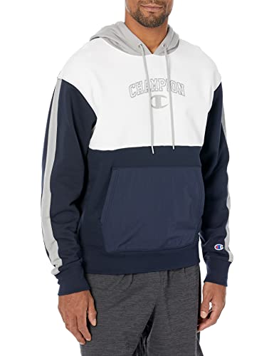 Champion Sweatshirt, Fleece Hoodie for Men, Iconic 'C' Logo Script, Navy/Dull Grey/White, Large