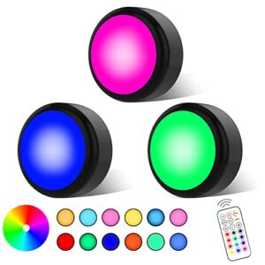 swesara battery operated push lights stick on, 16 colors changeable black dimmable battery powered puck lights with wireless remote for under cabinet, classroom closet or bedroom(3 pack)