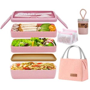 jbgoyon bento box adult lunch box 1000 ml stackable lunch containers for adults, leakproof 3-in-1 compartment bento boxes set, built-in cutlery, soup cup, tote lunch bag, snack bag (pink)