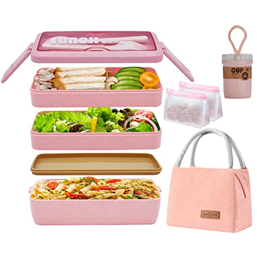 JBGOYON Bento Box Adult Lunch Box 1000 ML Stackable Lunch Containers for Adults, Leakproof 3-In-1 Compartment Bento Boxes Set, Built-in Cutlery, Soup Cup, Tote Lunch Bag, Snack Bag (Pink)