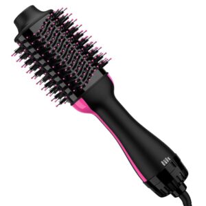 dual voltage hair dryer brush blow dryer brush in one for european travel, 110v-120v/220v-240v hot air brush and styler volumizer with negative ion anti-frizz ceramic titanium styling brush