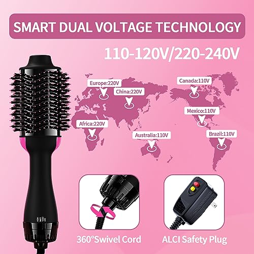 Dual Voltage Hair Dryer Brush Blow Dryer Brush in One for European Travel, 110V-120V/220V-240V Hot Air Brush and Styler Volumizer with Negative Ion Anti-frizz Ceramic Titanium Styling Brush