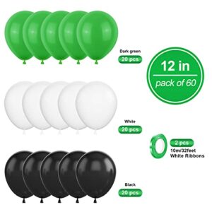 Black White Green Balloons, 60PCS Green Black Foootball Birthday Balloons, 12Inch Green White Latex Balloons Foootball Party Balloons for Boys Video Game Sprots Soccer Theme Party Baby Shower Supplies