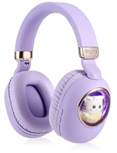 usoun kids wireless headphones, bluetooth over ear headphones with cute cat colorful led lights,wireless&wired,foldable,build-in mic,bluetooth headphones for kids girls teens adults,school (purple)
