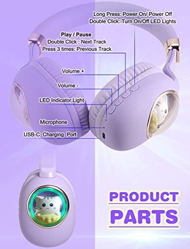 Usoun Kids Wireless Headphones, Bluetooth Over Ear Headphones with Cute Cat Colorful LED Lights,Wireless&Wired,Foldable,Build-in Mic,Bluetooth Headphones for Kids Girls Teens Adults,School (Purple)