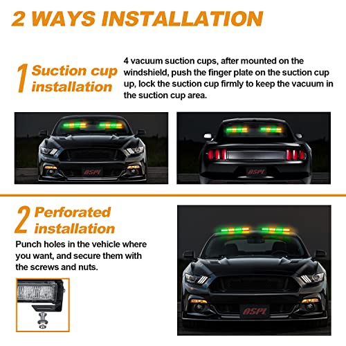 ASPL 2x16.8 inch 32LED Emergency Flashing Warning Strobe Lights Bar with 4 Vacuum Suction Cups 23 Flash Patterns Interior Safety LED Traffic Advisor Strobe Light for Trucks Vehicles (Amber/Green)