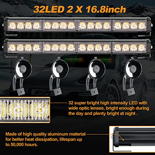 ASPL 2x16.8 inch 32LED Emergency Flashing Warning Strobe Lights Bar with 4 Vacuum Suction Cups 23 Flash Patterns Interior Safety LED Traffic Advisor Strobe Light for Trucks Vehicles (Amber/Green)