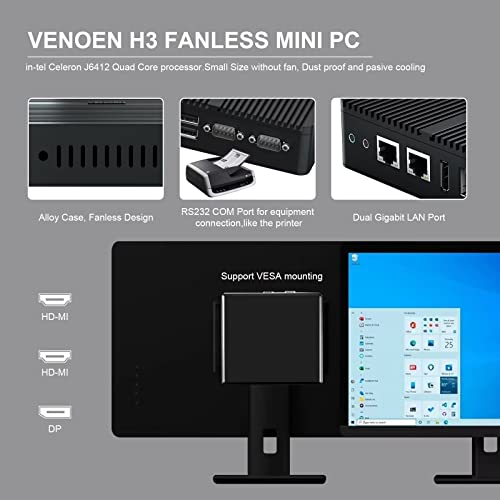 VENOEN Fanless Mini PC Windows 11 Pro Industrial PC 12th Gen in-tel J6412 Processor, 8G DDR4 256G M.2 SSD Office Home Industrial Mini Computer, 2xHD-MI+DP Triple Display/2xLan/2xRS232 COM/WiFi/BT 4.2