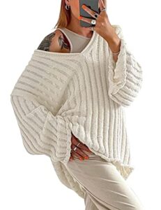 missactiver women’s oversized long sleeve sweater sexy v neck off shoulder knit solid drop shoulder shirt pullover sweaters(small,beige)