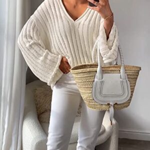 MISSACTIVER Women’s Oversized Long Sleeve Sweater Sexy V Neck Off Shoulder Knit Solid Drop Shoulder Shirt Pullover Sweaters(Small,Beige)