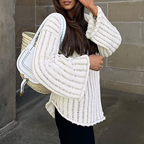 MISSACTIVER Women’s Oversized Long Sleeve Sweater Sexy V Neck Off Shoulder Knit Solid Drop Shoulder Shirt Pullover Sweaters(Small,Beige)