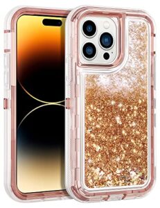 wollony for iphone 14 pro max case glitter floating liquid shiny quicksand case for women girls heavy duty shockproof protective case hard pc bumper soft tpu cover for iphone 14 pro max 6.7''rosegold