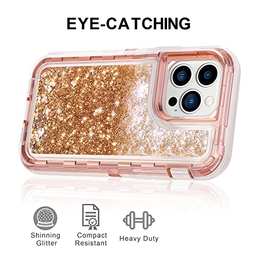 WOLLONY for iPhone 14 Pro Max Case Glitter Floating Liquid Shiny Quicksand Case for Women Girls Heavy Duty Shockproof Protective Case Hard PC Bumper Soft TPU Cover for iPhone 14 Pro Max 6.7''Rosegold