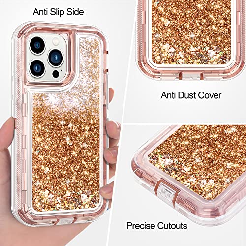 WOLLONY for iPhone 14 Pro Max Case Glitter Floating Liquid Shiny Quicksand Case for Women Girls Heavy Duty Shockproof Protective Case Hard PC Bumper Soft TPU Cover for iPhone 14 Pro Max 6.7''Rosegold