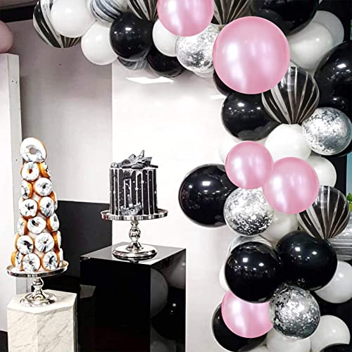 Balloons Black and Pink, 60 Packs 12 Inch Pink Black White Latex Balloon with Agate Balloon Silver Confetti Balloons for Girls Birthday Party Baby Shower Bridal Shower Wedding