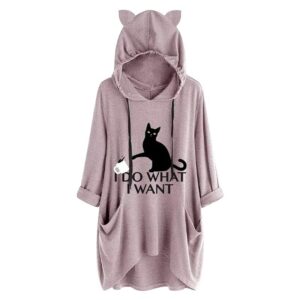 gesaofa i do what i want cat graphic hoodies for women irregular hem 3/4 sleeve cat ear hooded tunic tops with pockets women tunic with cat hoodies tunic with cat ear hoodies cat ears pink hoodies