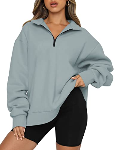 Trendy Queen Womens Oversized Half Zip Pullover Long Sleeve Sweatshirts Quarter Zip Hoodies Sweaters Teen Girls Fall Y2K Clothes Lightgreen
