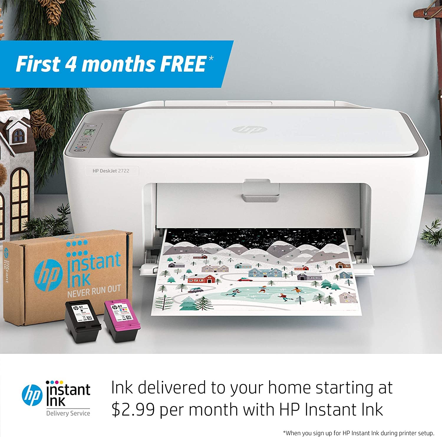 HP DeskJet 27 22 All-in-One Wireless Color Inkjet Printer, White - Print, Scan, Copy - 1200 x 1200 dpi, Flatbed Scanner, Icon LCD Display, WiFi, Bluetooth, USB Connectivity, CBMOUN Printer Cable