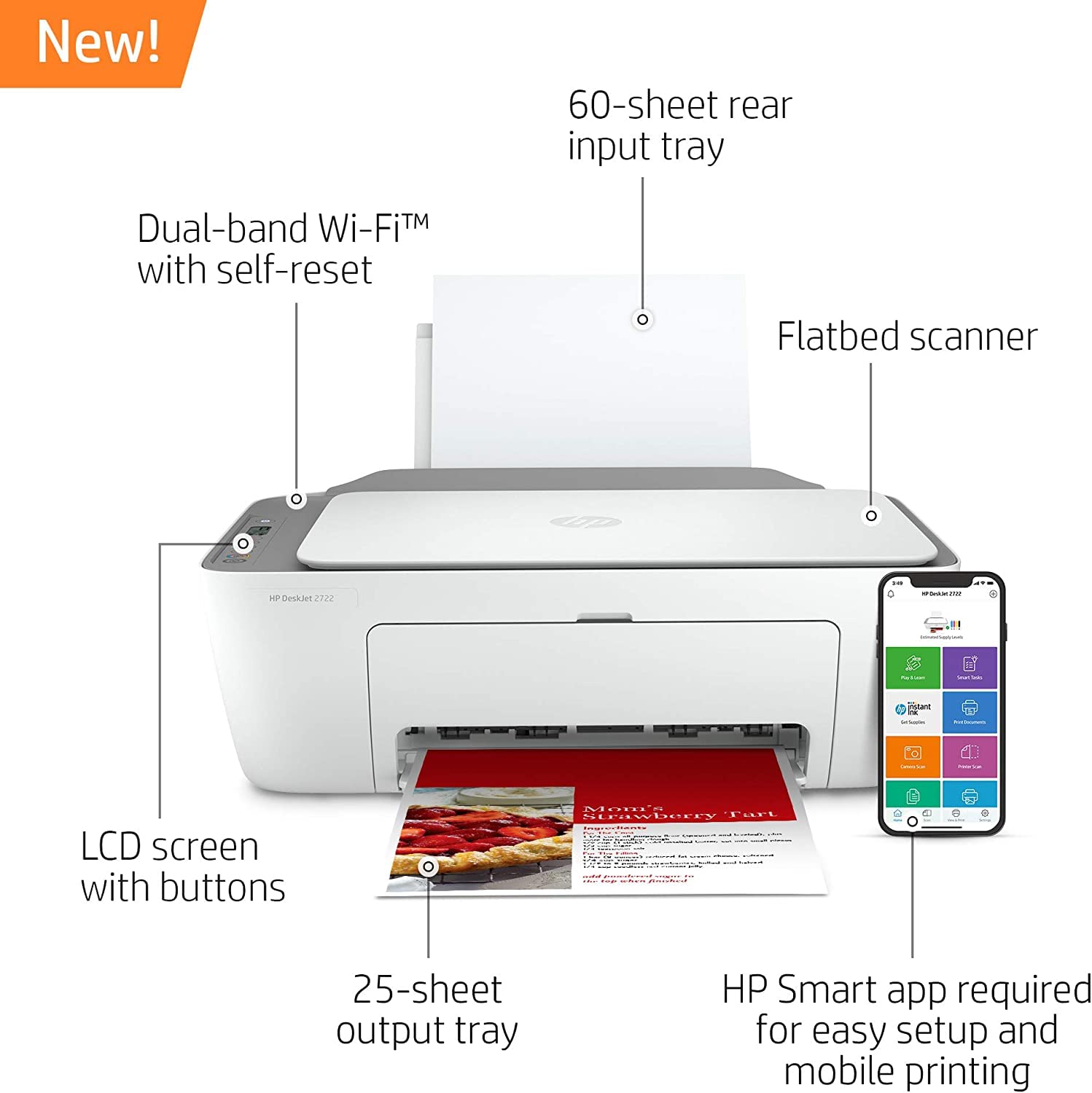 HP DeskJet 27 22 All-in-One Wireless Color Inkjet Printer, White - Print, Scan, Copy - 1200 x 1200 dpi, Flatbed Scanner, Icon LCD Display, WiFi, Bluetooth, USB Connectivity, CBMOUN Printer Cable