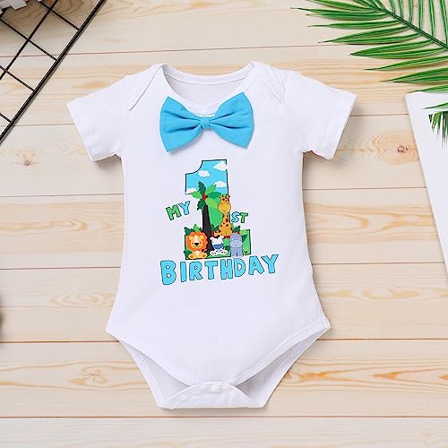 Wild One Birthday Decorations Supplies, Jungle Theme First Birthday Decoration, Newborn Baby Cotton Bodysuit One Pants Clothes Set for 1st Birthday Boy Safari Party Supplies Blue 12-18 Months