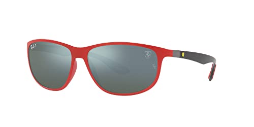 Ray-Ban RB4394M Scuderia Ferrari Collection Square Sunglasses, Matte Red/Green Mirrored Silver Polarized, 61 mm