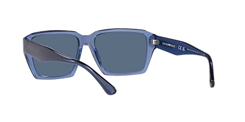 Emporio Armani Men's EA4186F Low Bridge Fit Rectangular Sunglasses, Shiny Transparent Blue/Dark Blue, 58 mm