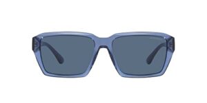 emporio armani men's ea4186f low bridge fit rectangular sunglasses, shiny transparent blue/dark blue, 58 mm