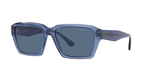 Emporio Armani Men's EA4186F Low Bridge Fit Rectangular Sunglasses, Shiny Transparent Blue/Dark Blue, 58 mm