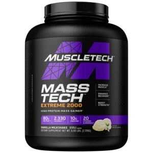muscletech mass gainer mass-tech extreme 2000, muscle builder whey protein powder, protein + creatine + carbs, max-protein weight gainer for women & men, triple chocolate, 6lbs (packaging may vary)