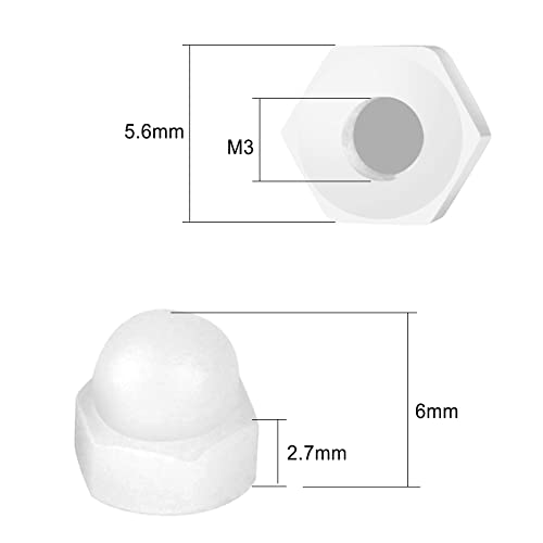 pouilzx Acorn Hex Cap Nuts - 100 Pcs M3 Dome Nuts Nylon Hexagon Decorative Cap Nut for Screws Bolts White