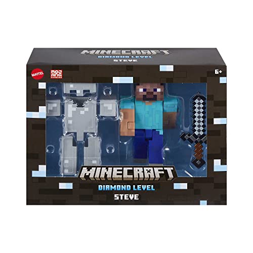 Mattel Minecraft Diamond Level Steve Action Figure & Die-Cast Accessories, Collectible Toy Inspired by Video Game, 5.5 Inch