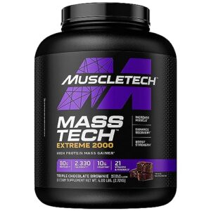 muscletech mass gainer mass-tech extreme 2000, muscle builder whey protein powder, protein + creatine + carbs, max-protein weight gainer for women & men, vanilla milkshake, 6lbs (packaging may vary)