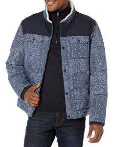 levi's men's quilted mixed media shirttail work wear puffer jacket, faded blue bandana, large