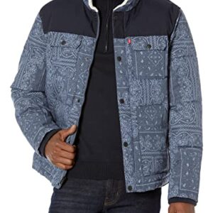 Levi's Men's Quilted Mixed Media Shirttail Work Wear Puffer Jacket, Faded Blue Bandana, Large