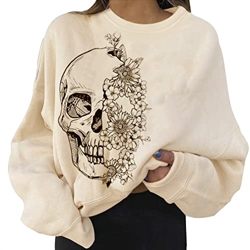 LOFAAC Women Halloween Flower Skull Graphic Print Fleece Oversized Sweatshirt Long Sleeve Crewneck Drop Shoulder Pullover Top Apricot