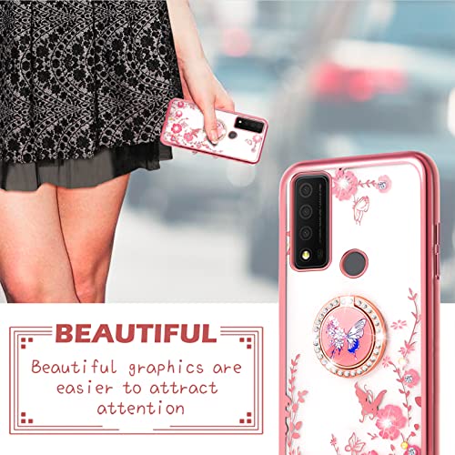 nancheng Phone Case for TCL 30 XE 5G, Case for 6.52-inch TCL 30 XE 5G Cute Soft Silicone Pink Cover for Girls Women with Ring Kickstand Shockproof Protection Case - Rose Butterfly