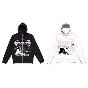 Cbsdezanos Y2k Zip Up Hoodie Sweatshirt Full Zipper Oversized Reinstone Aesthetic Vintage Graphic Print Jacket Women Men Teen E Girls Fashion Clothes Streetwear 2022 Trendy Top Black