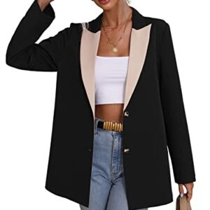 WDIRARA Women's Colorblock Lapel Button Front Long Sleeve Work Office Jacket Blazer Black M