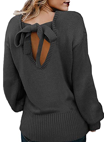 Dokotoo Crewneck Fall Sweaters for Women Long Sleeve Cut Out Backless Soft Tie Knot Knitted Pullover Casual Loose Gray Jumper Tops S