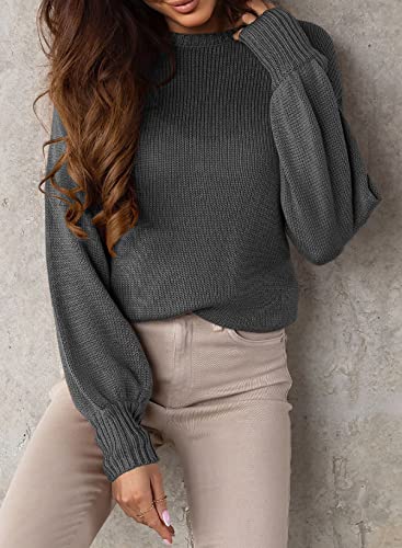 Dokotoo Crewneck Fall Sweaters for Women Long Sleeve Cut Out Backless Soft Tie Knot Knitted Pullover Casual Loose Gray Jumper Tops S