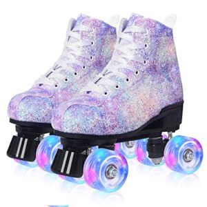 nattork women roller skates with light up wheels, unisex retro quad skates for outdoor & indoor, double row glitter skates for girls - glitter(women 8.5 us)