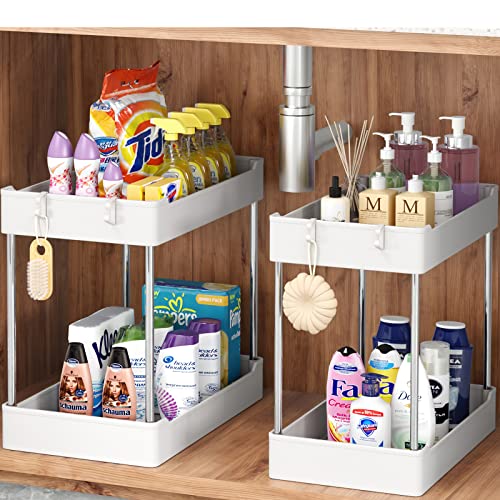 Tailide Under Sink Organizer, 2 Tier Bathroom Cabinet Organizer, Under Bathroom Sink Organizers and Storage, Under Kitchen Sink Organizers and Storage, Cleaning Supplies Organizer, White, 2 Pack