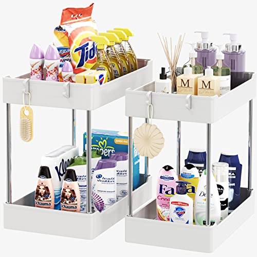 Tailide Under Sink Organizer, 2 Tier Bathroom Cabinet Organizer, Under Bathroom Sink Organizers and Storage, Under Kitchen Sink Organizers and Storage, Cleaning Supplies Organizer, White, 2 Pack