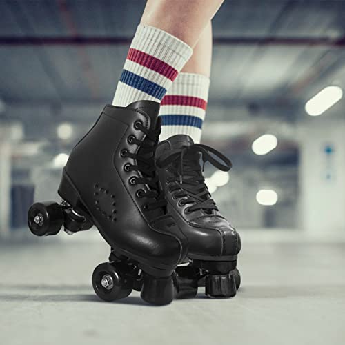 Nattork Women Roller Skates, Unisex Retro Quad Skates for Outdoor & Indoor, Double Row Skates for Girls - Black(Women 8.5 US)