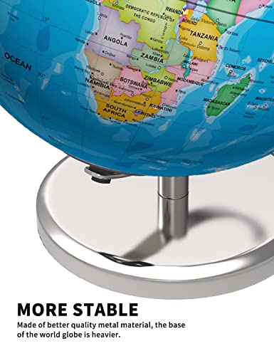 Waldauge Illuminated World Globe with Stand, 9" Earth Globes with Stable Heavy Metal Base for Kids Classroom Learning, LED Constellation Globe Night Light with HD Printed Map