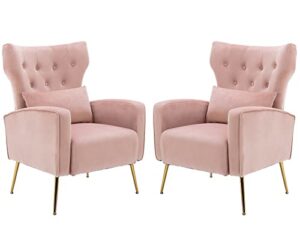 kmax velvet accent chair mid-century tufted arm chair gold legs pillow wingback chair for bedroom living room vanity reading, pink, set of 2
