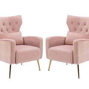 Kmax Velvet Accent Chair Mid-Century Tufted Arm Chair Gold Legs Pillow Wingback Chair for Bedroom Living Room Vanity Reading, Pink, Set of 2