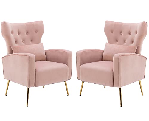 Kmax Velvet Accent Chair Mid-Century Tufted Arm Chair Gold Legs Pillow Wingback Chair for Bedroom Living Room Vanity Reading, Pink, Set of 2