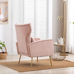 Kmax Velvet Accent Chair Mid-Century Tufted Arm Chair Gold Legs Pillow Wingback Chair for Bedroom Living Room Vanity Reading, Pink, Set of 2